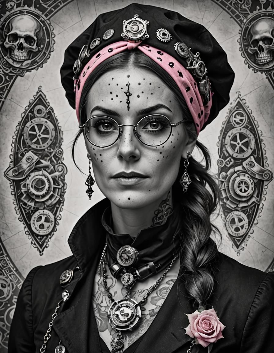Black and white photo of an attractive Victorian steampunk f...