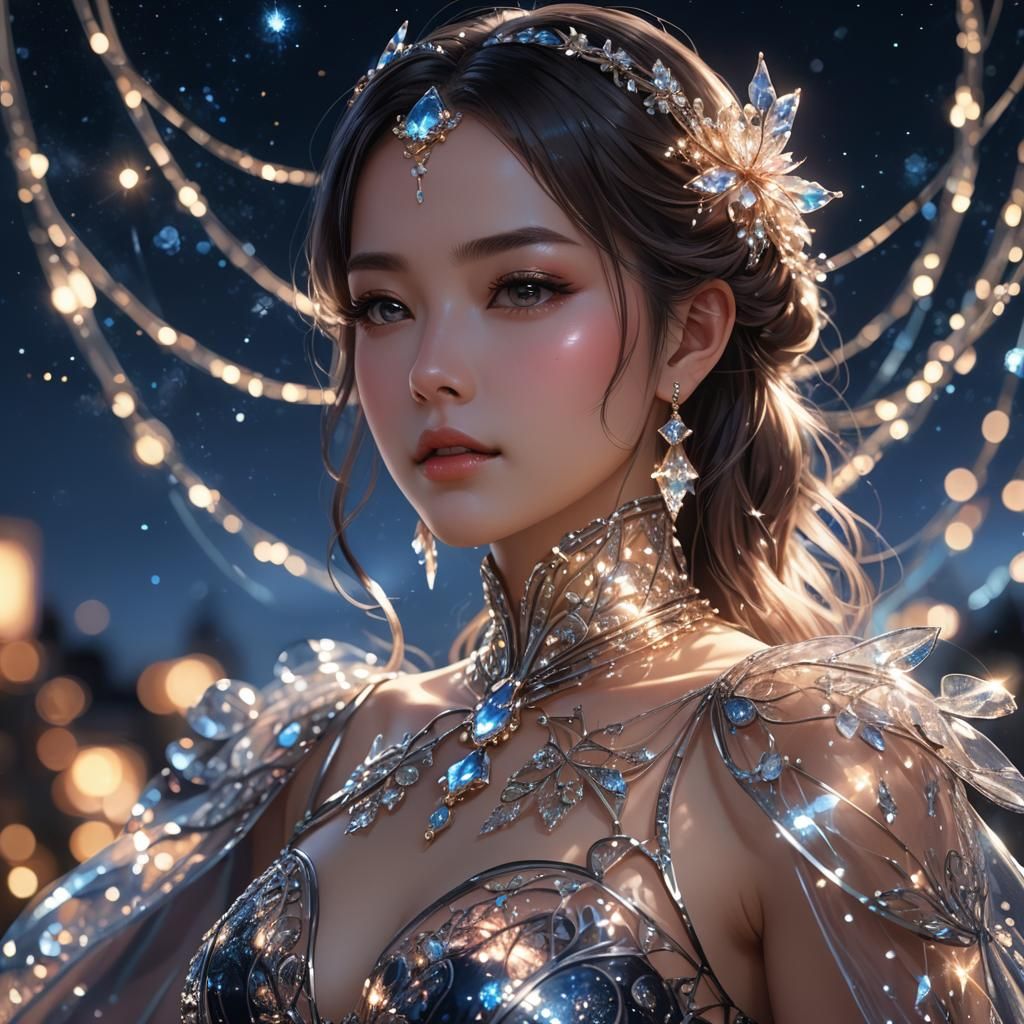 Woman in Glass Dress: Detailed Anime Portrait