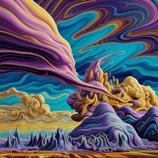 Dreamlike Oil Painting of Melting Buildings and Distorted Tr...