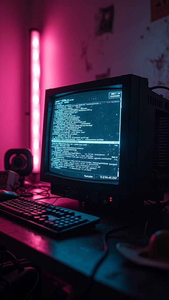 Glitched Computer Screen in Synthwave Horror Style