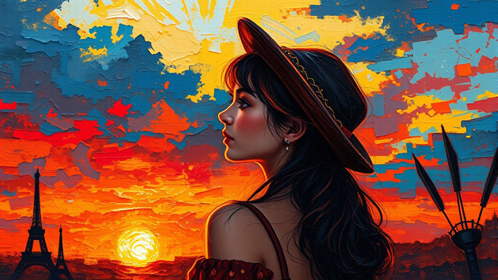 Girl at Fiery Sunset: An Expressionist Oil Painting