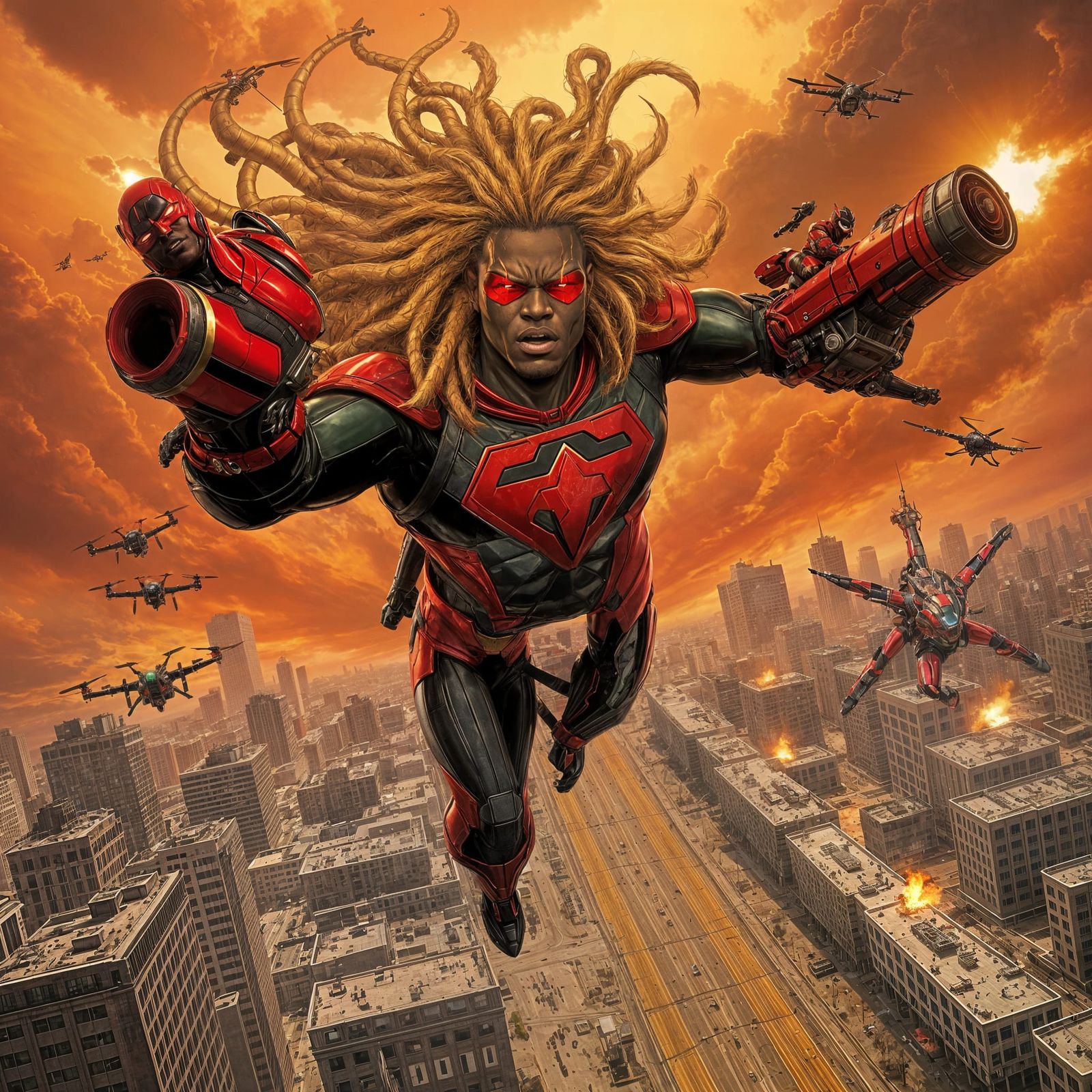African-American Superhero Red Blaze in Dystopian Los Angele...
