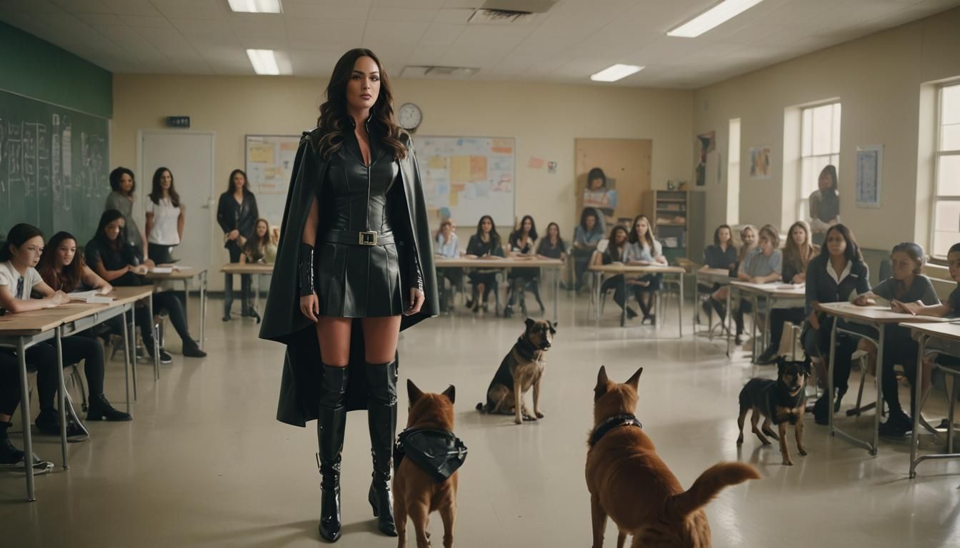 Strict Teacher in Latex Outfit, Cinematic Still