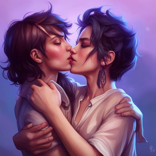 Passionate Lesbian Kiss in Hyperdetailed Digital Art