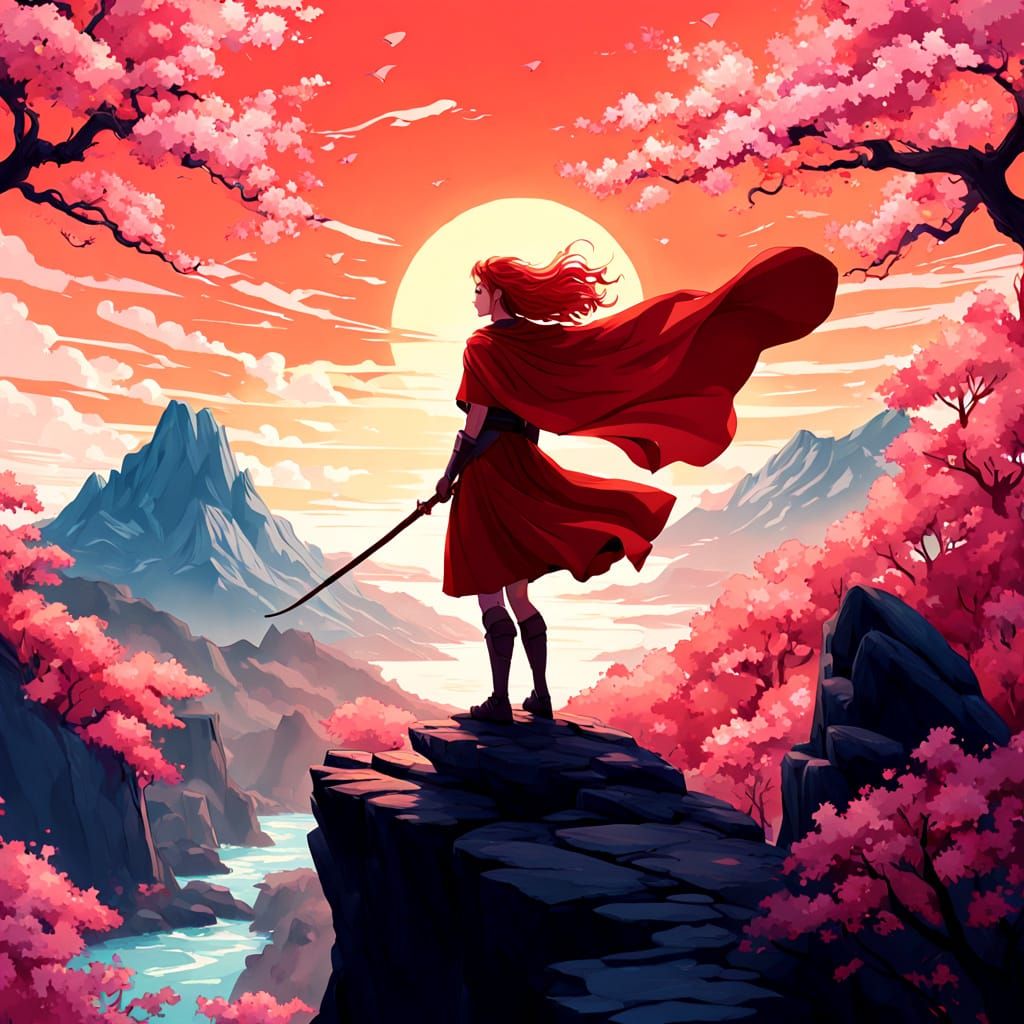 Vibrant Warrior of Cherry Blossoms in Majestic Landscape
