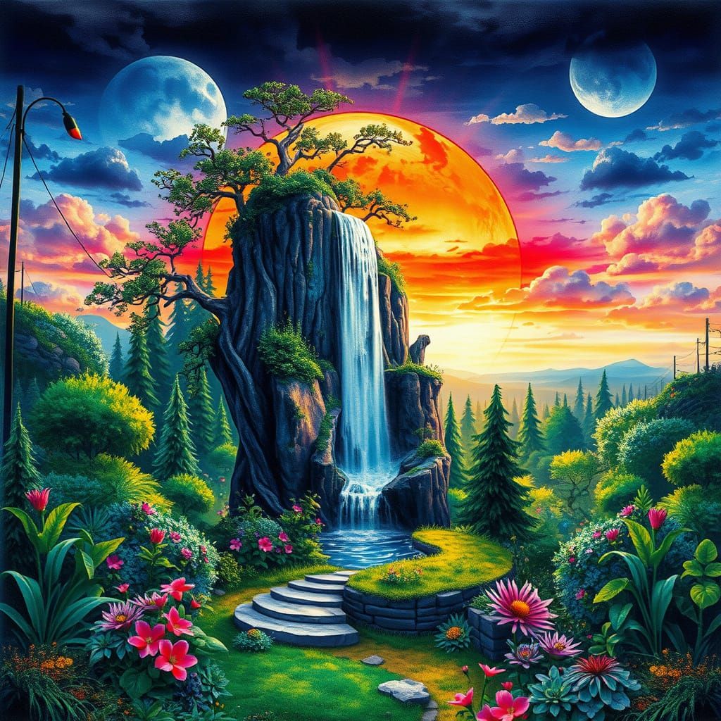 A remarkable 3D watercolor illustration of a vibrant sunset, capturing the mystical and mysterious essence of a magical,...