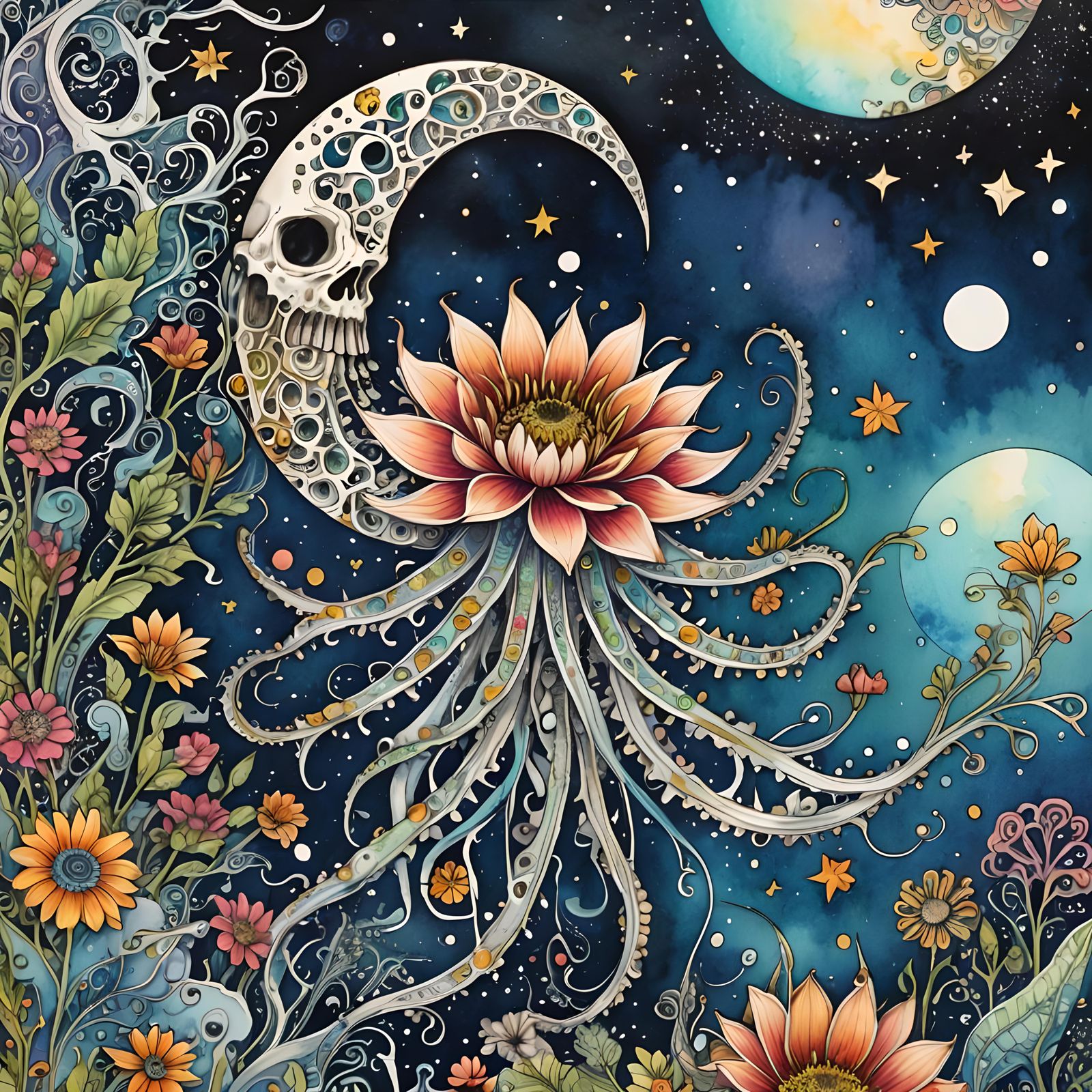 Surreal Bone Flower with Crystal Tentacles in Glittery Fluid