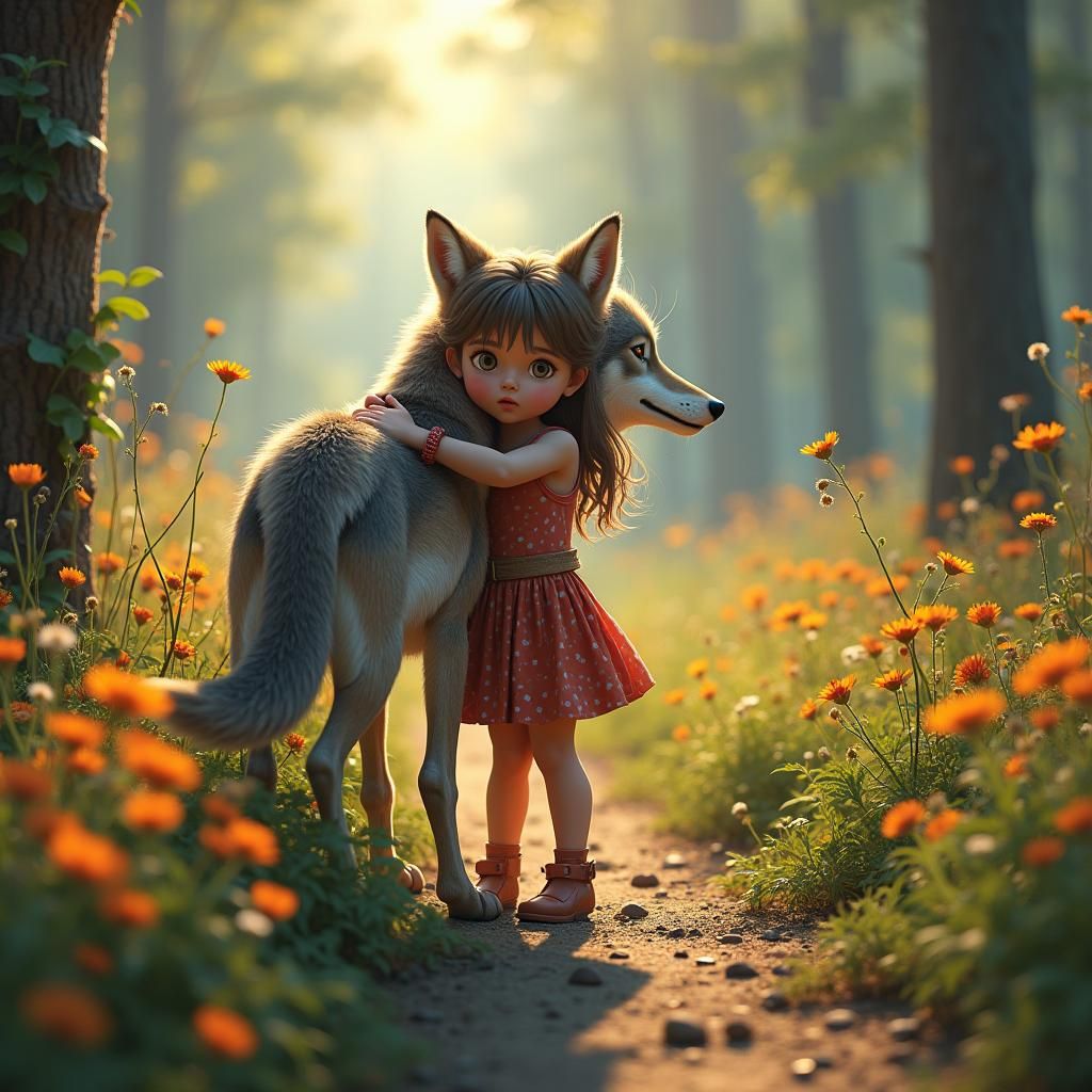 Girl Hugging Wolf in Forest, Painterly Art