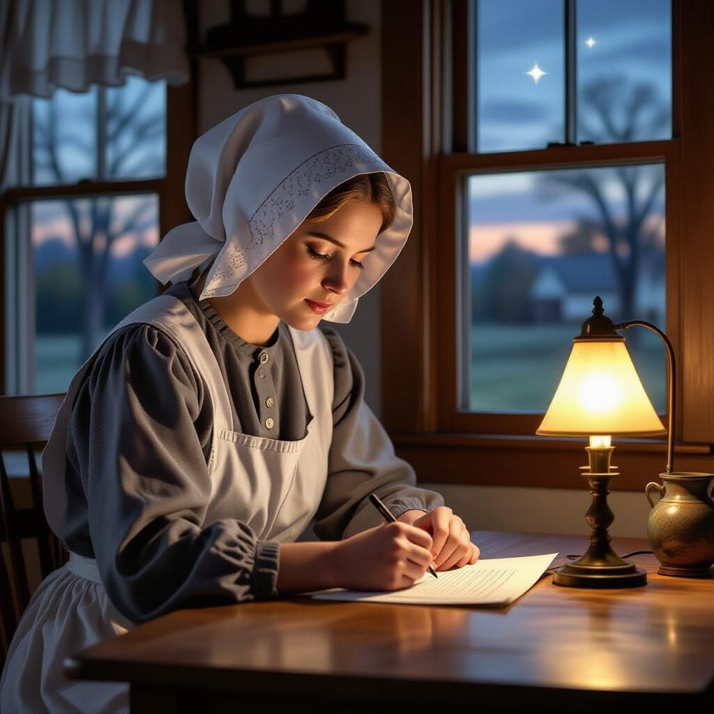 Amish Woman Writing Letter by Kerosene Light