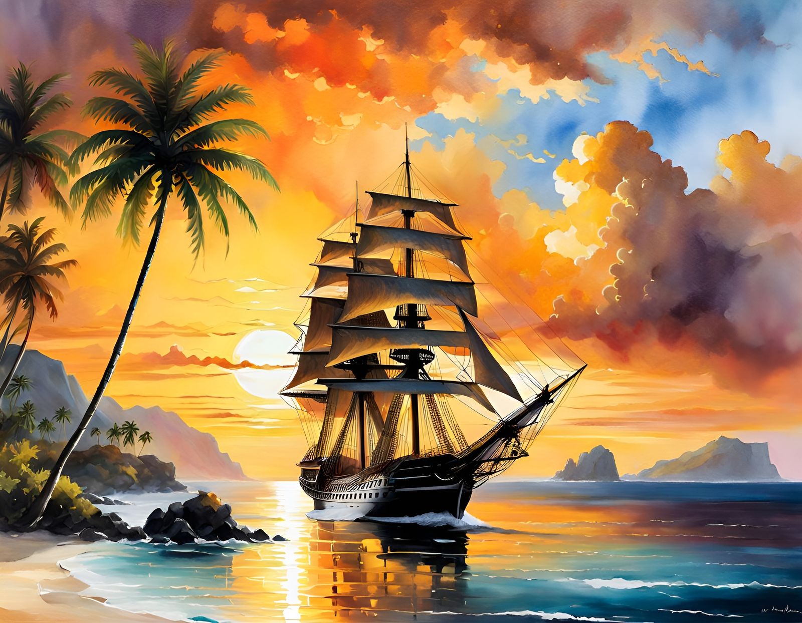 Tall Ship at Sunset: Stylized Watercolor Illustration