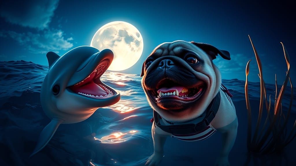 Dolphin and Pug Friends in a Glowing Ocean Night