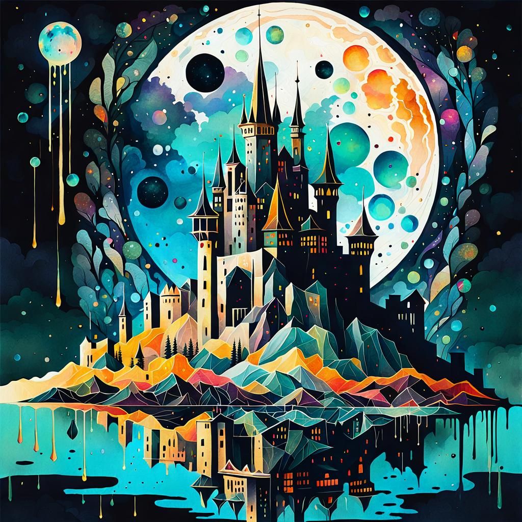 fantasy castle city complex metropolis made of colorful sparkling magic surreal crystal moon....