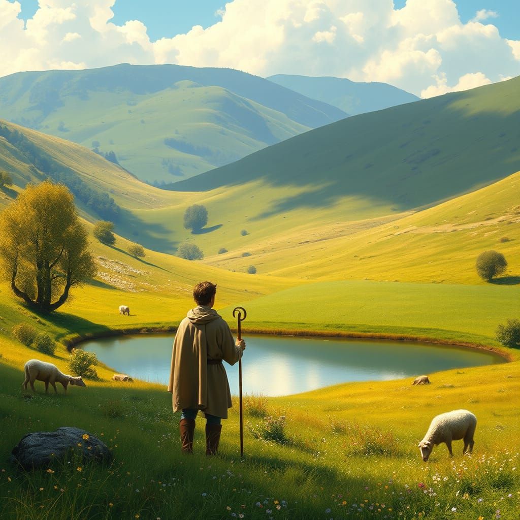 Serenely Guided by the Shepherd of Dreams in a Lush 19th-Cen...