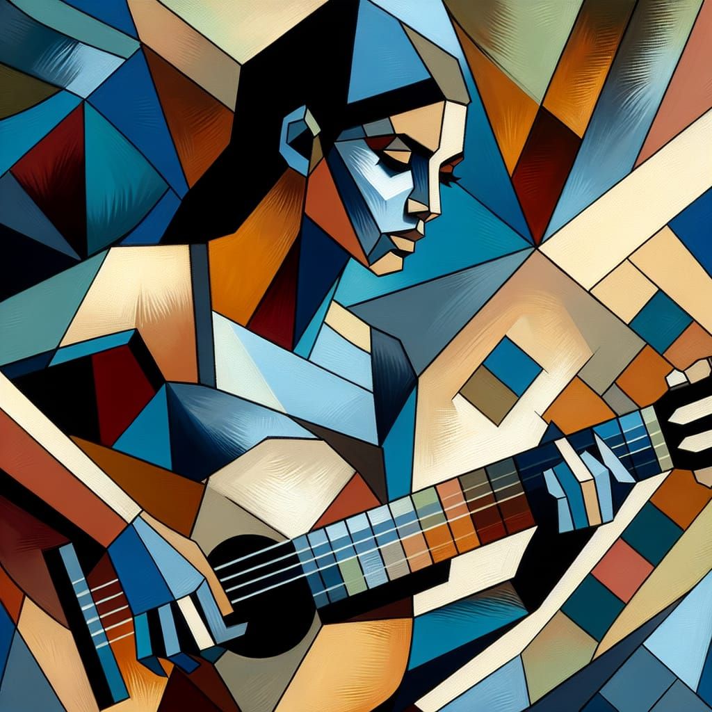 Abstract Geometric Woman Playing Guitar in Vibrant Cubist St...