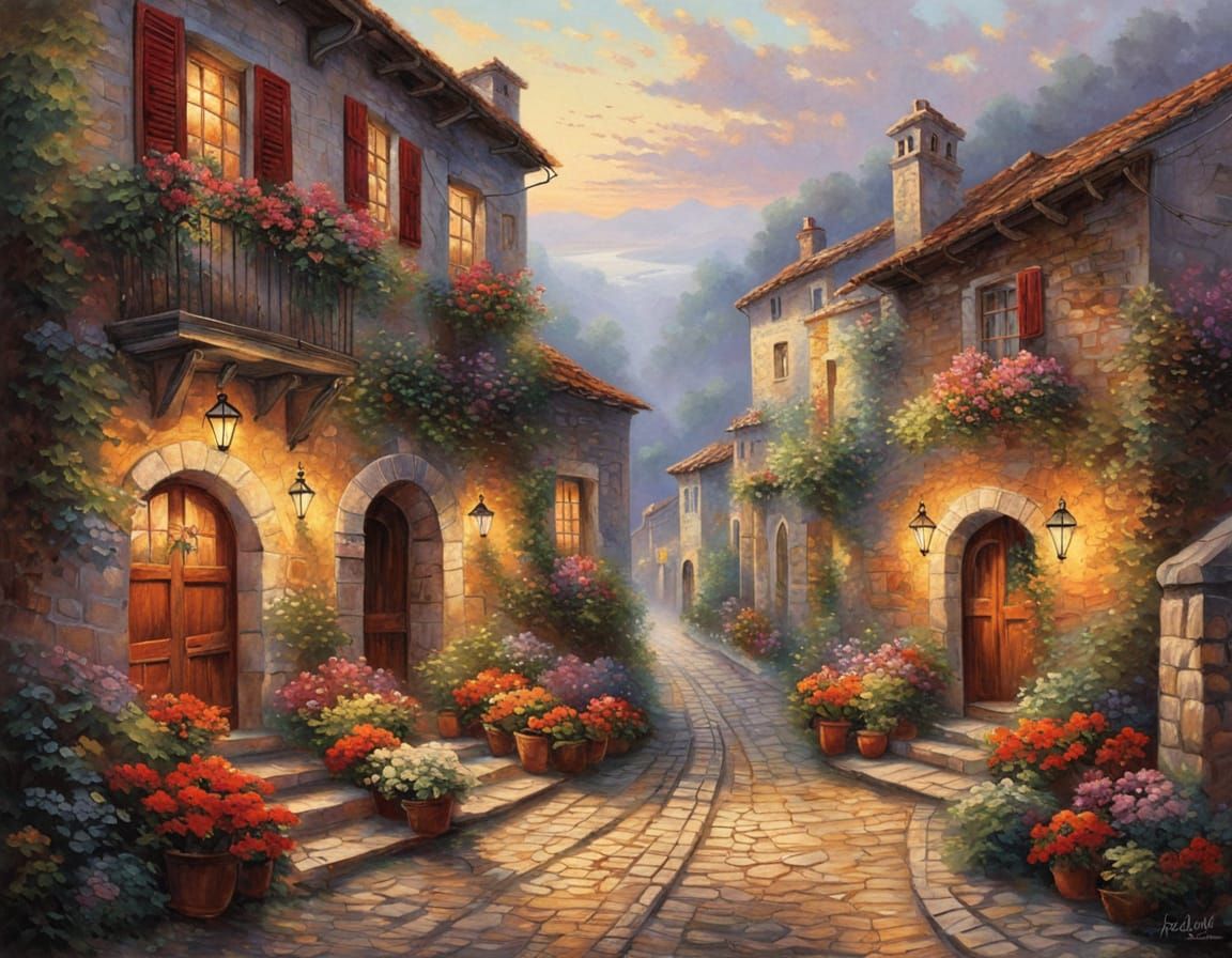 Mediterranean Sunset Village with Lanterns and Geraniums