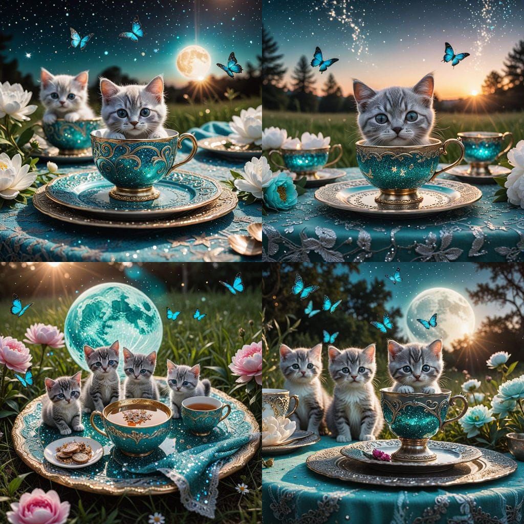 Kittens' Tea Party Under a Cosmic Moon