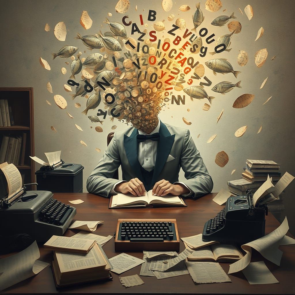 Surreal Writer Dissolving into Alphabet Whirlpool