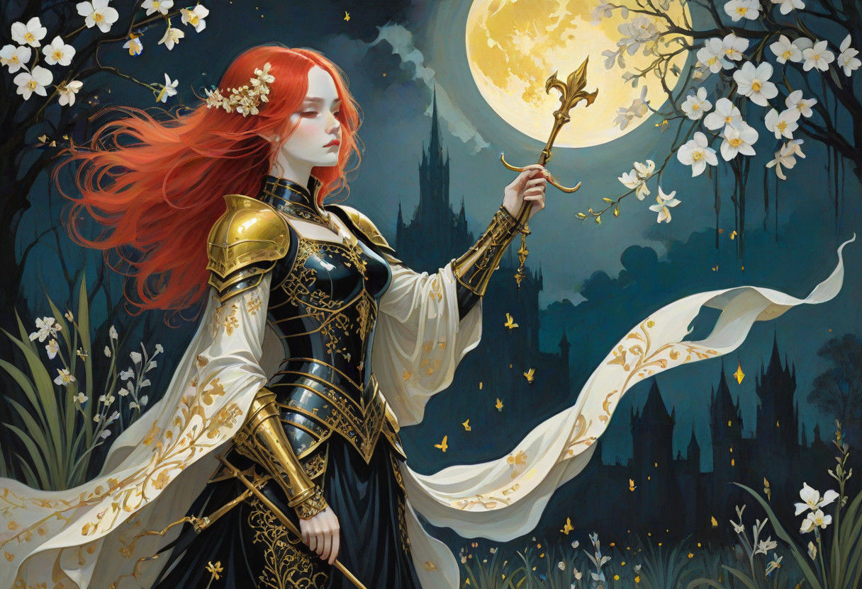 A Dark Gothic Princess in 15th Century Armor, Amidst a Meado...