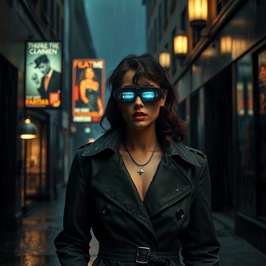 Cyberpunk Femme Fatale in Rain-Drenched Alley