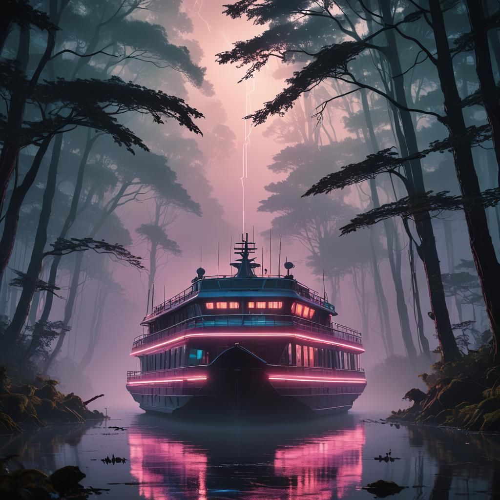Synthwave Ferry Through Misty Cyberpunk Forest