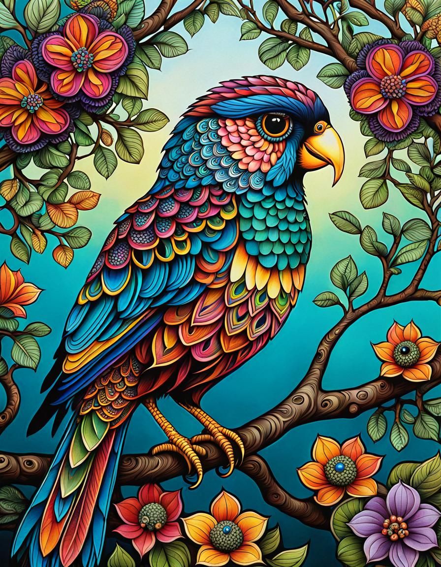 Colorful Ara Parrot with Zentangle Background