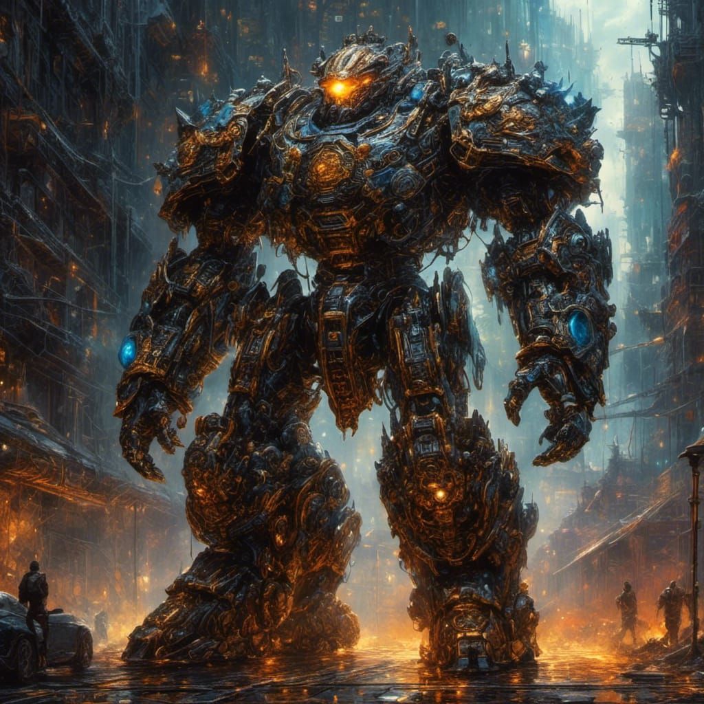 Cyberpunk Bio-Mecha Over Burning Factory