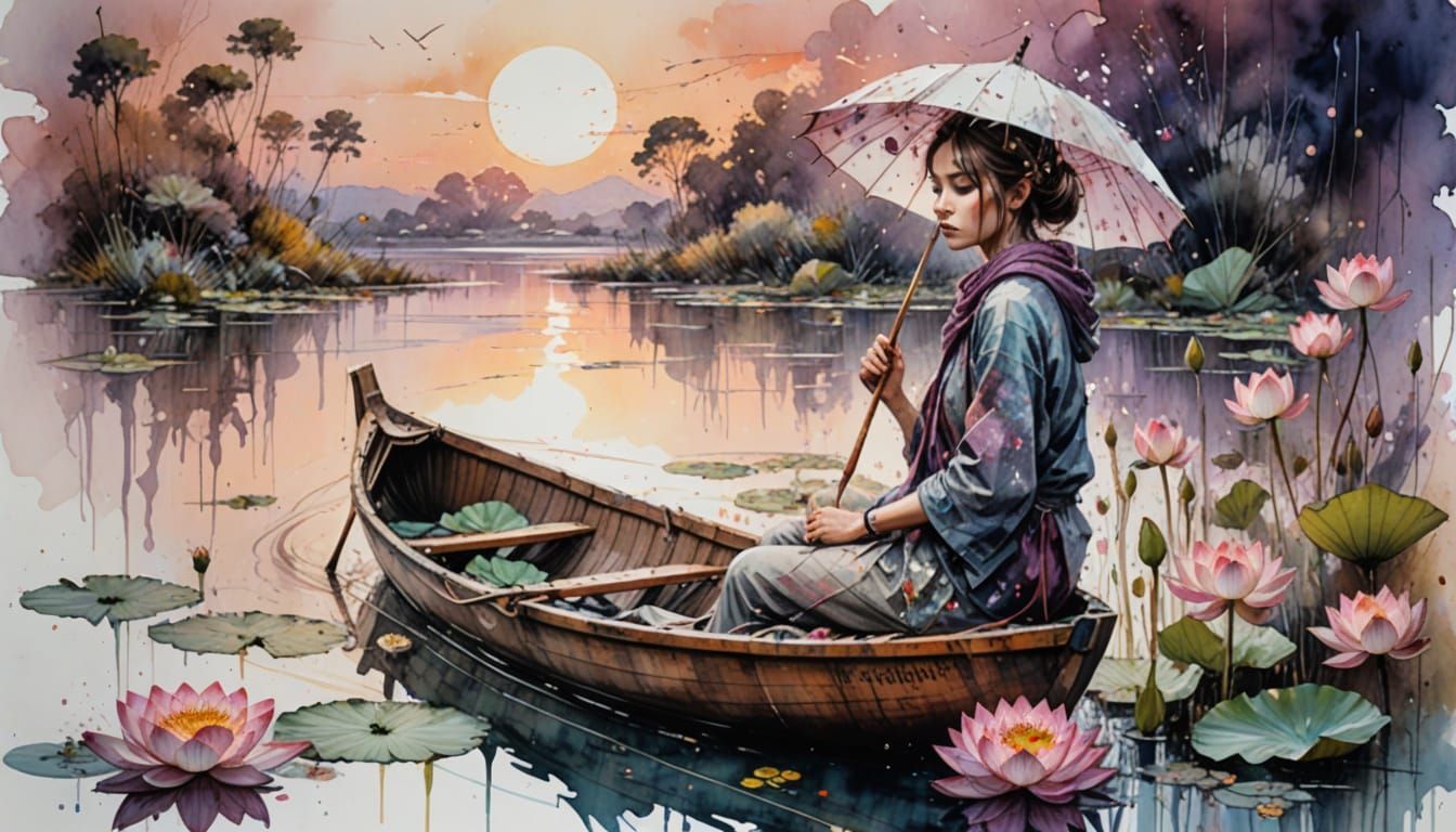 Lotus Pond Sunset with Woman in Boat