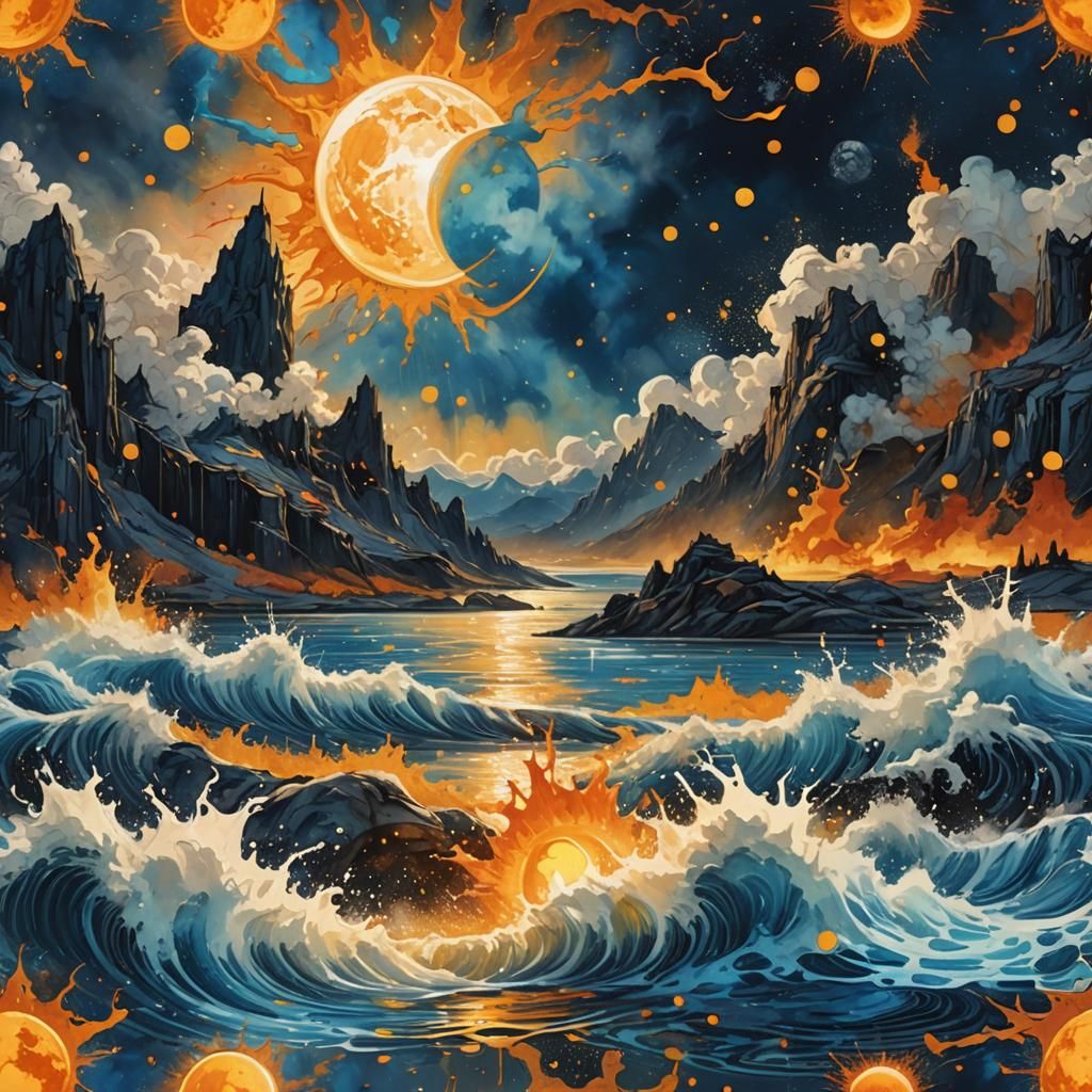 Cosmic Collision: Sun and Moon Matte Painting