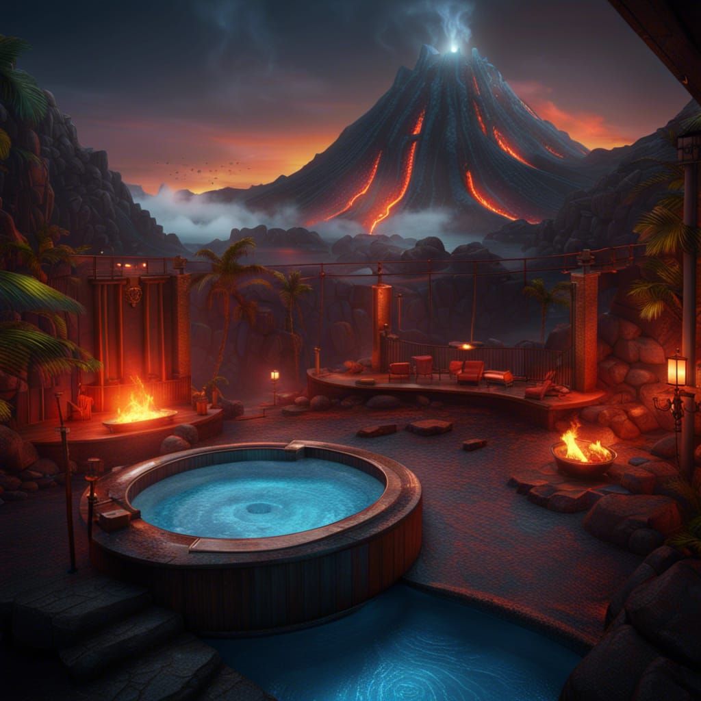 Volcano Hotel Hot Tub in Detailed Matte Painting