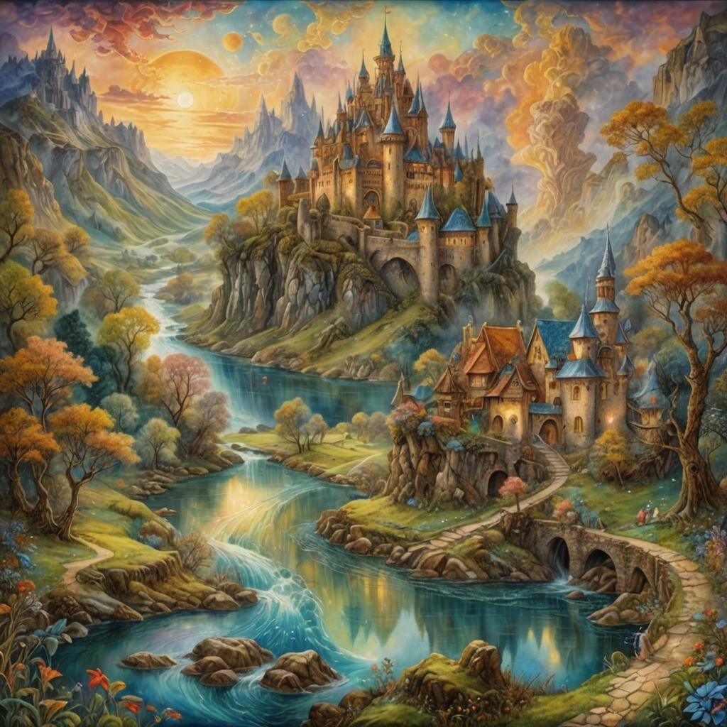 Fairytale Castle River Scene in Parchment Style