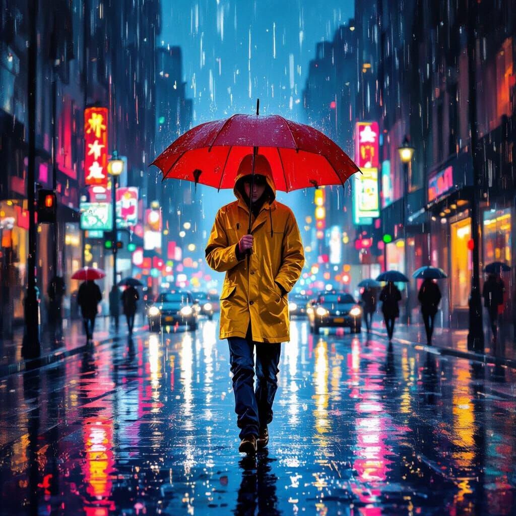 Boy in Yellow Raincoat Under Red Umbrella in Rainy City
