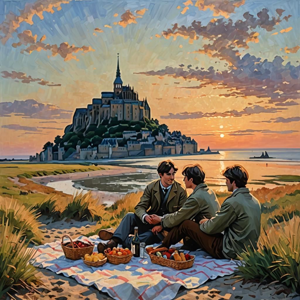 Romantic Beachside Picnic at Mont-Saint-Michel in Impression...