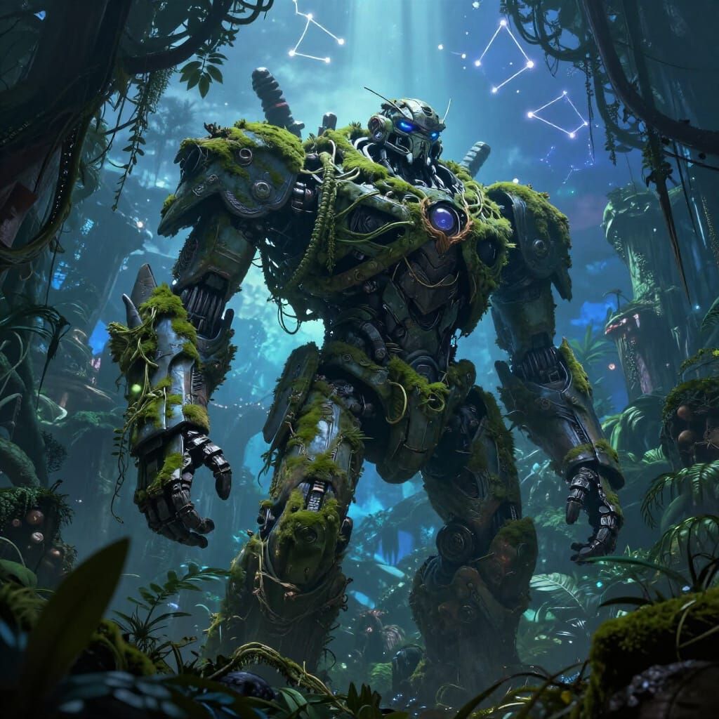 Ancient Robot Titan in Jungle Ruins Under Alien Sky