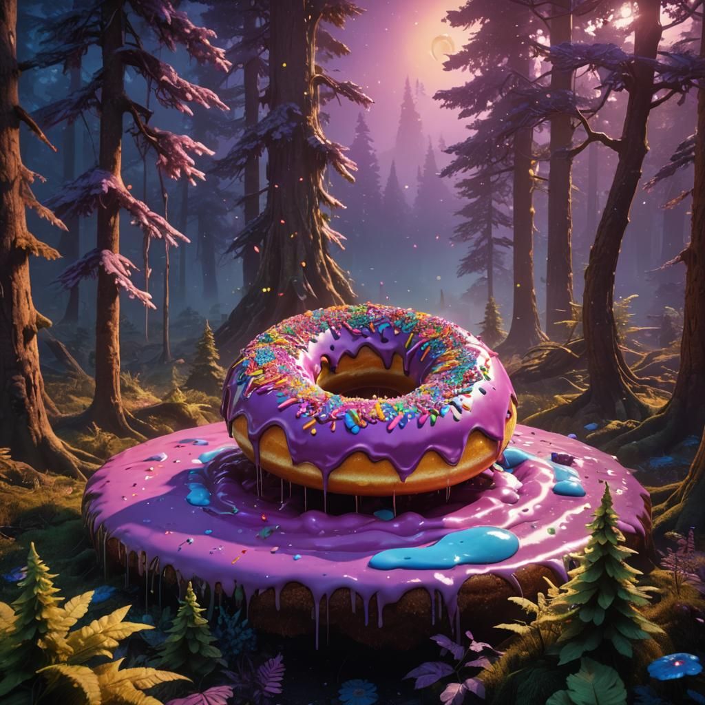 Giant Donut Floating Above Mystical Forest