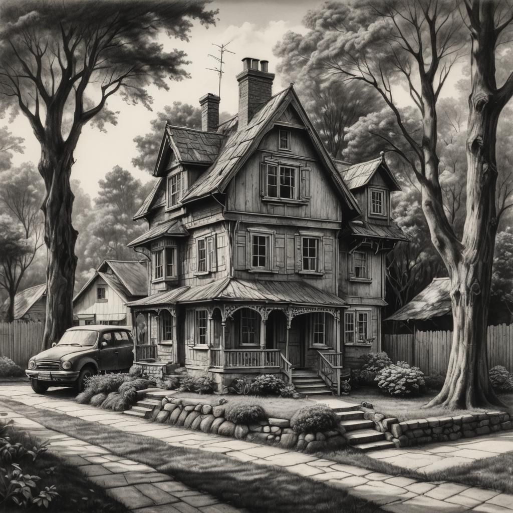 Detailed Charcoal Drawing of a Small House