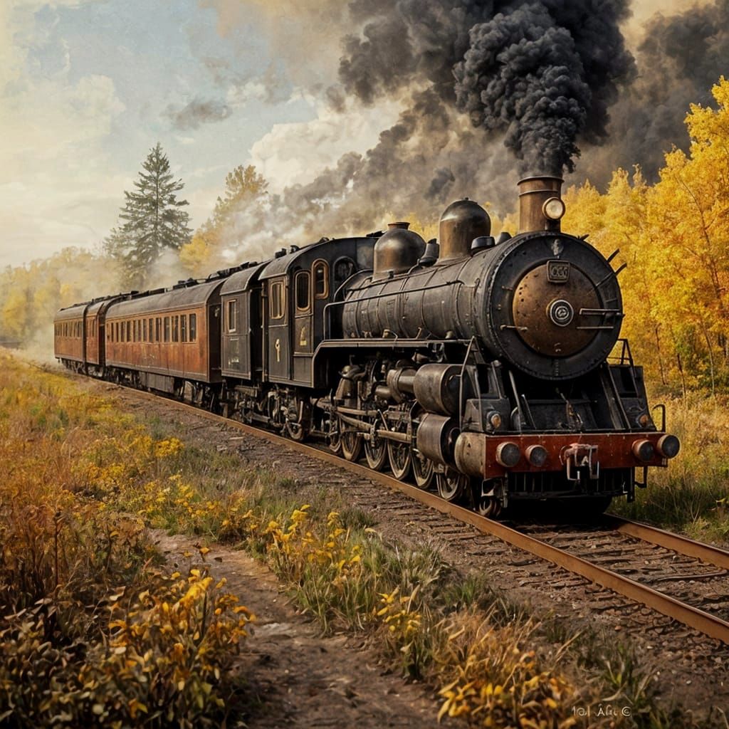 Vintage Locomotive Travels Autumn Canyon: Ink Painting