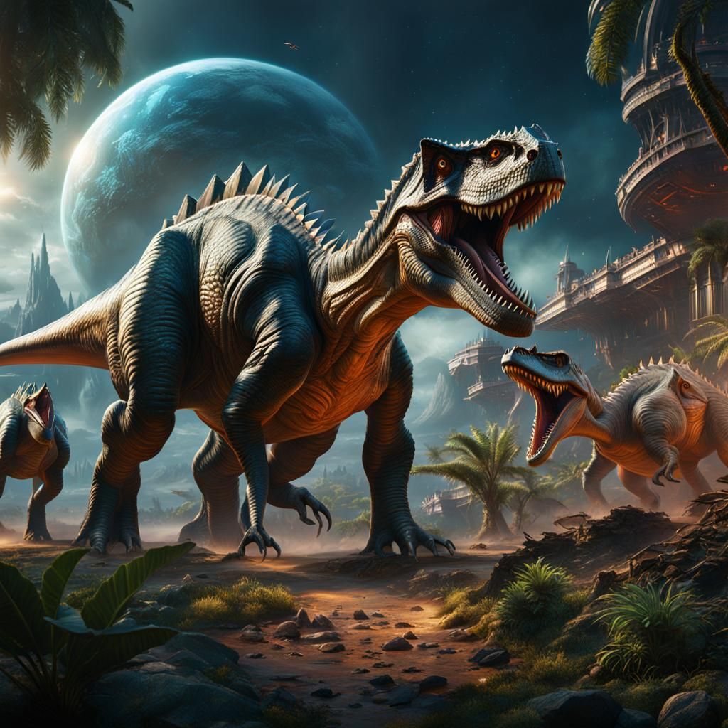 Dinosaurs and Spaceships in Detailed Matte Painting Style