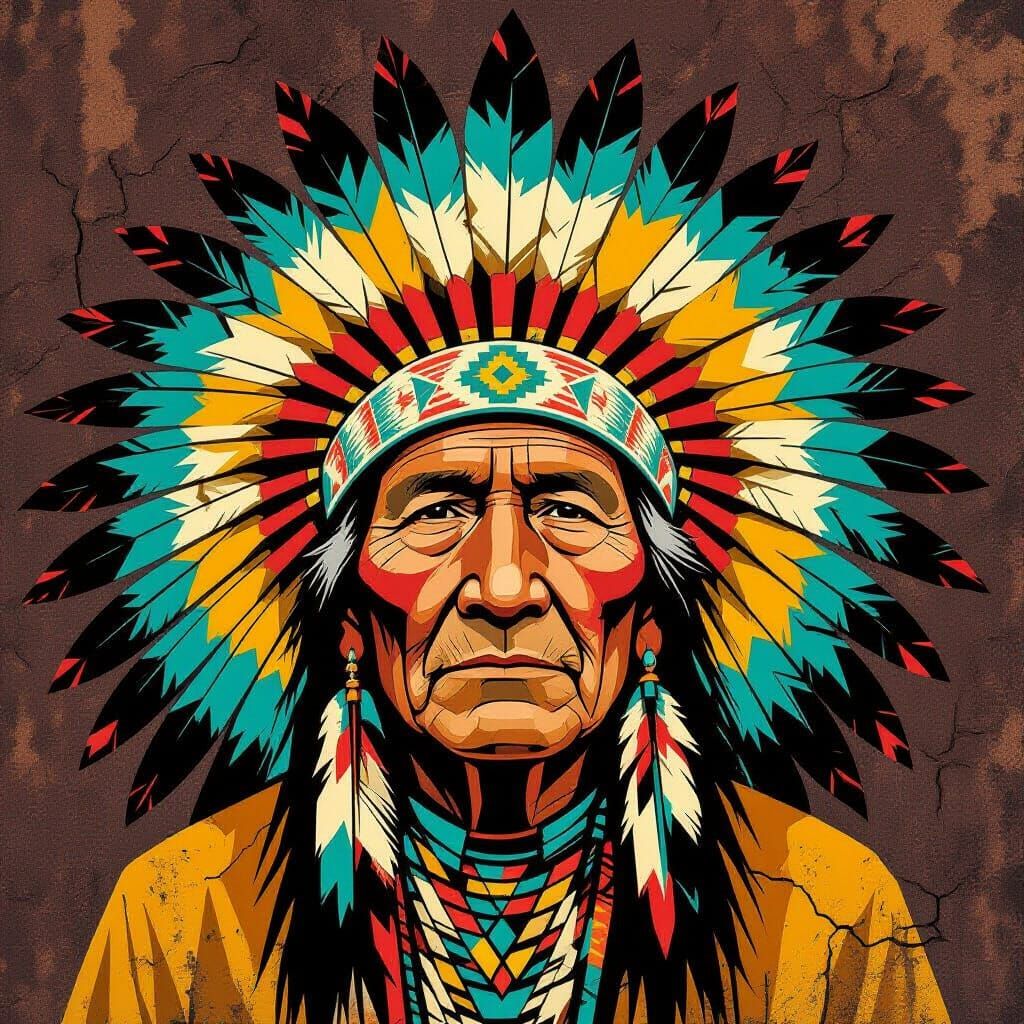 Native American Elder Portrait in Bold Geometric Graphic Art