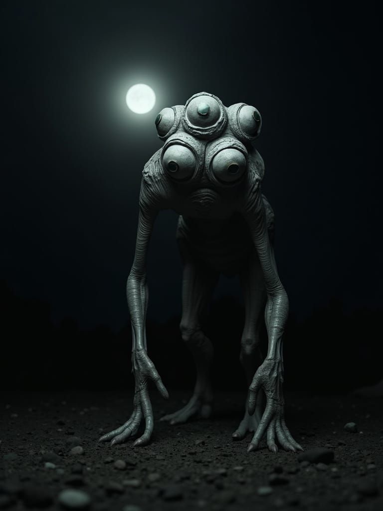 Ethereal Grey Monster in Dark, Wide-Angle Nightscapes