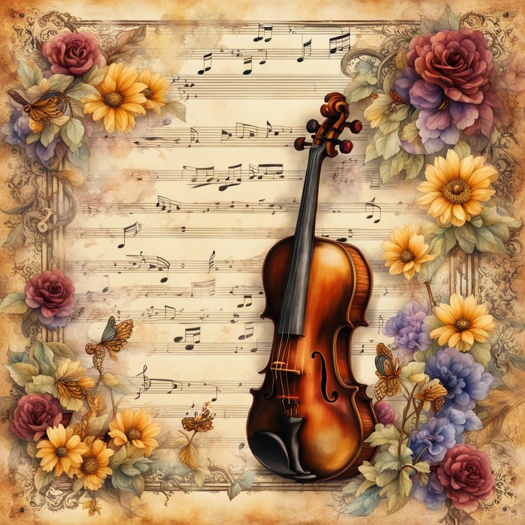 Notebook Page with Flowers, Bees, and Steampunk Violin