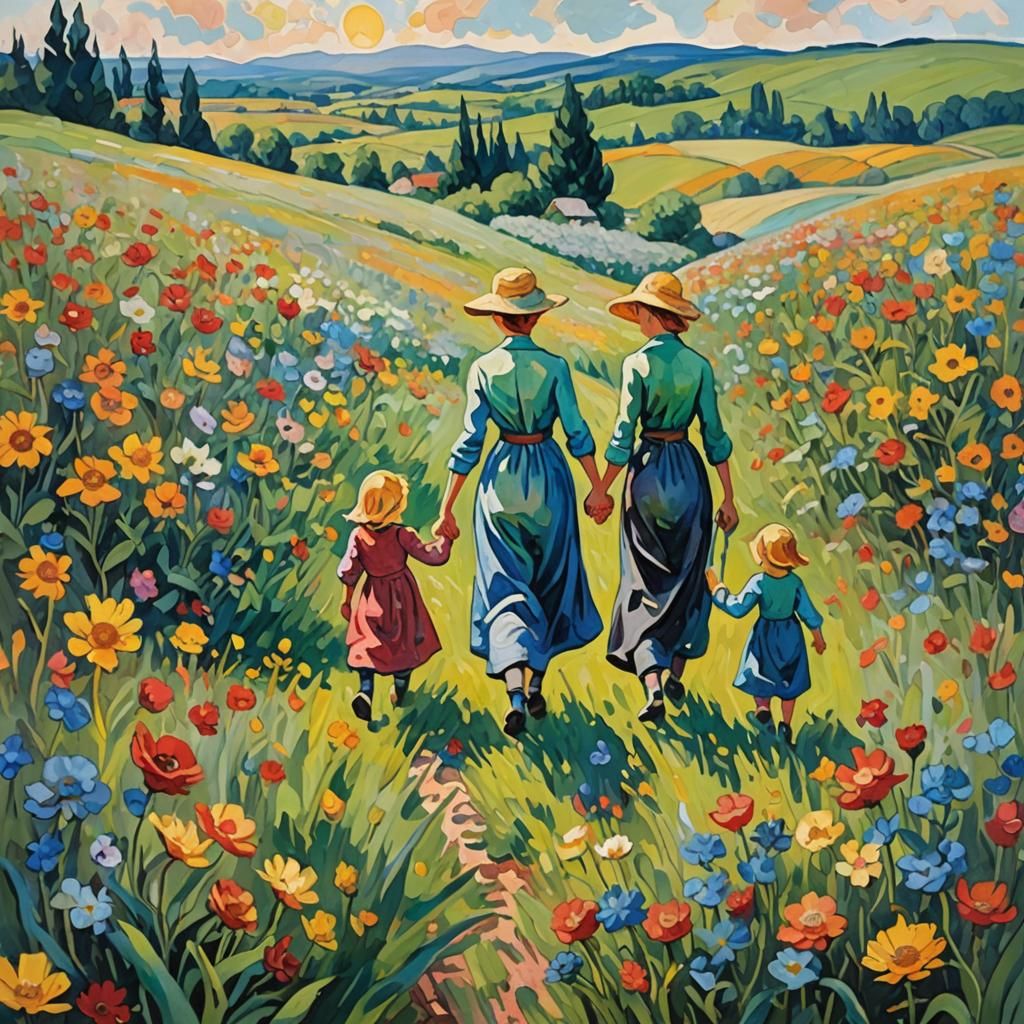 Impressionist Mother and Children in Flower Field