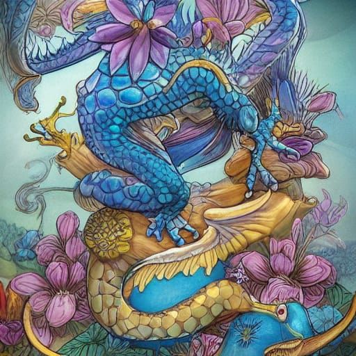 Porcelain Dragon with Frog Companion in Whimsical Art Style