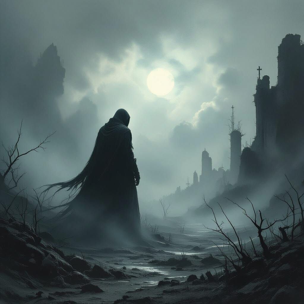 Ominous Figure in Abandoned Landscape in Dark Fantasy Style