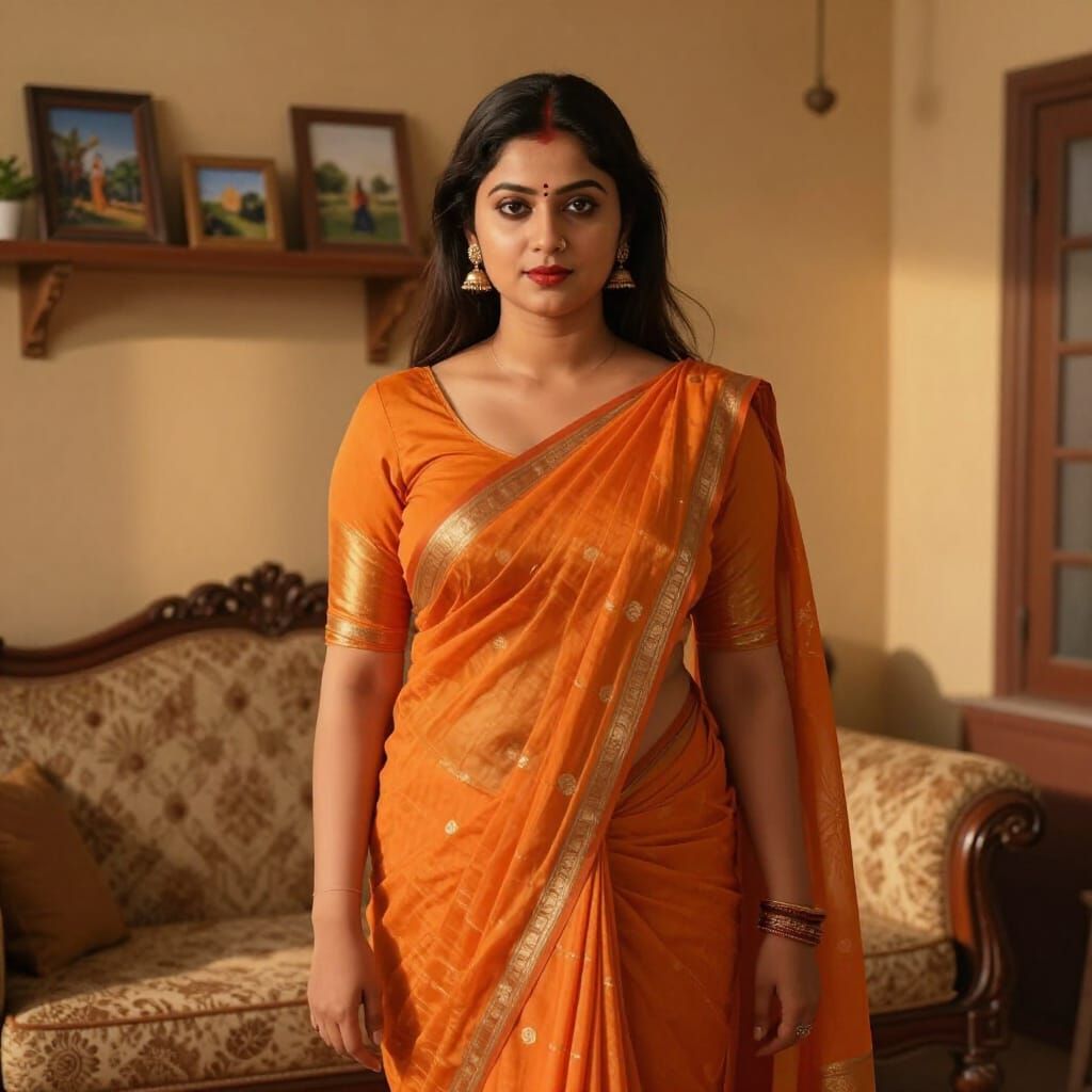Elegant Bengali Woman in Orange Saree in Golden Hour Light