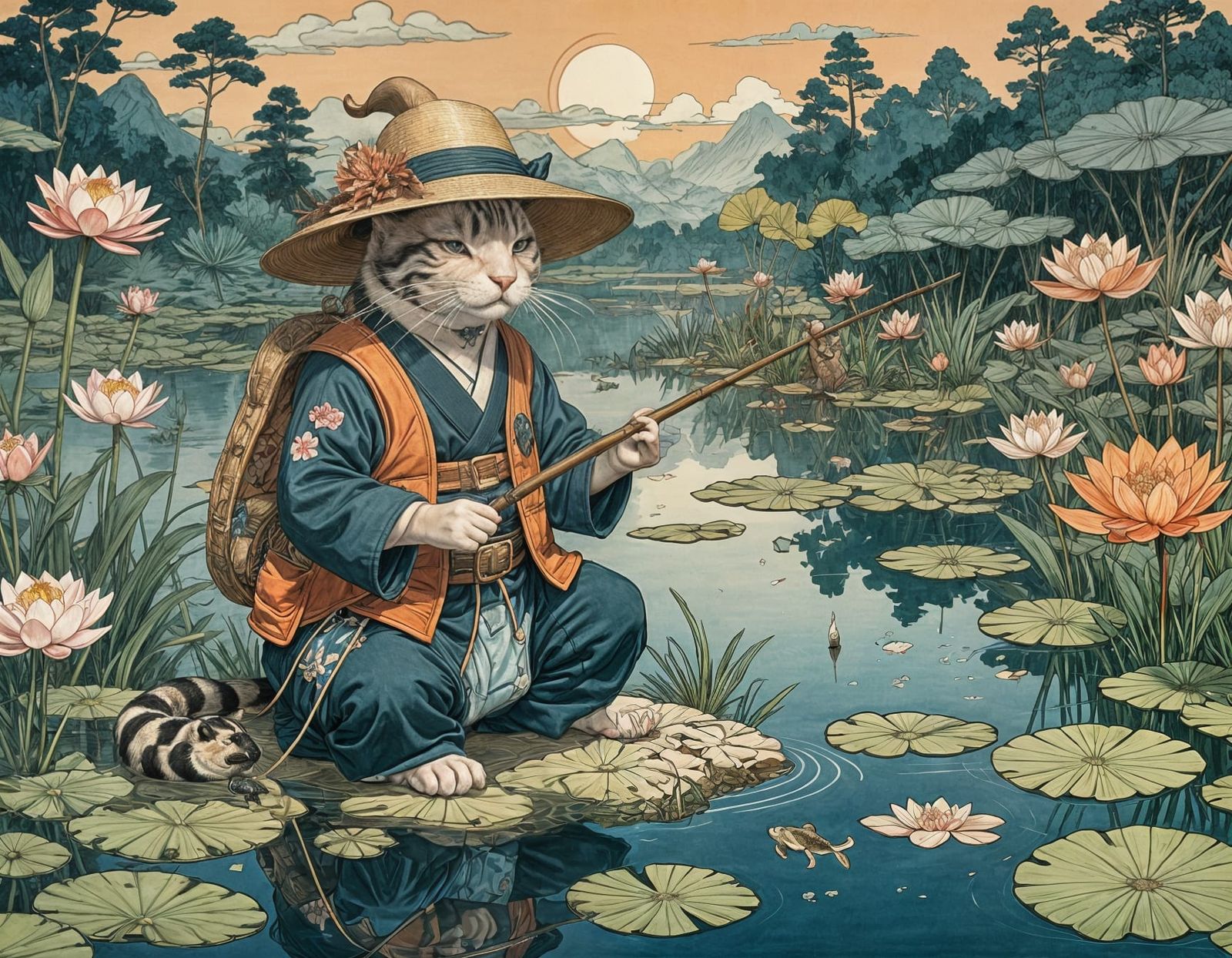 Ukiyo-e Cat Fly Fishing at Dawn