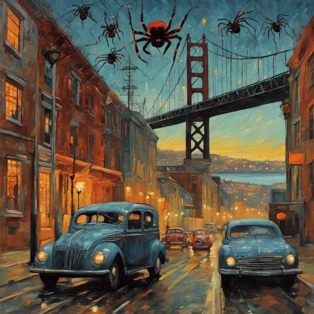 Escape from Alcatraz in San Francisco Bay and big black spiders with red eyes in the streets band poster night silhouett...