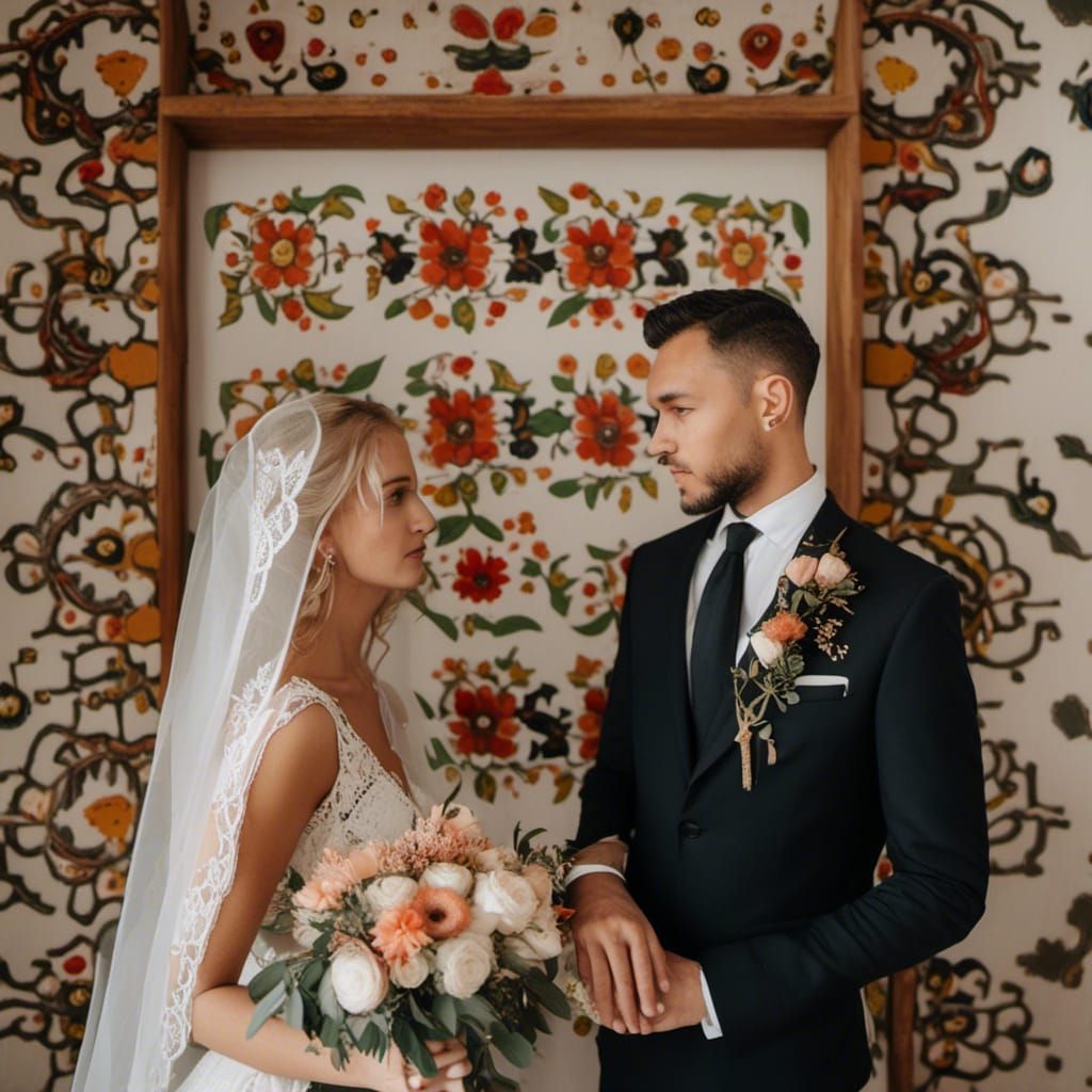 Polish Folk Art Wedding Portrait in Monidło Style