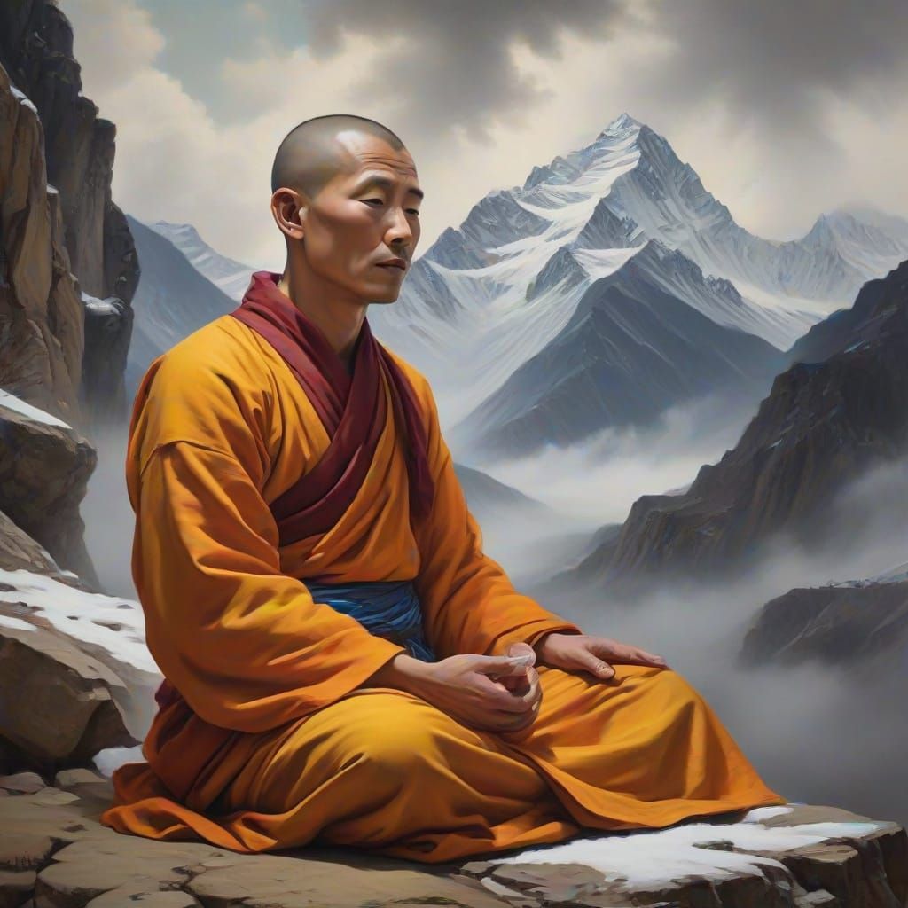 Tibetan Monk in Harmony with Sacred Mountain Sanctuary