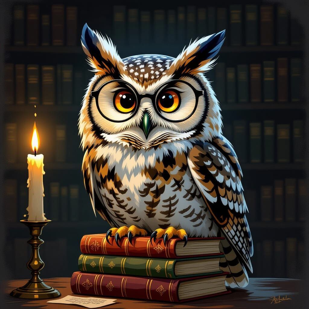 Wise Old Owl in Spectacles, Classic Storybook Style