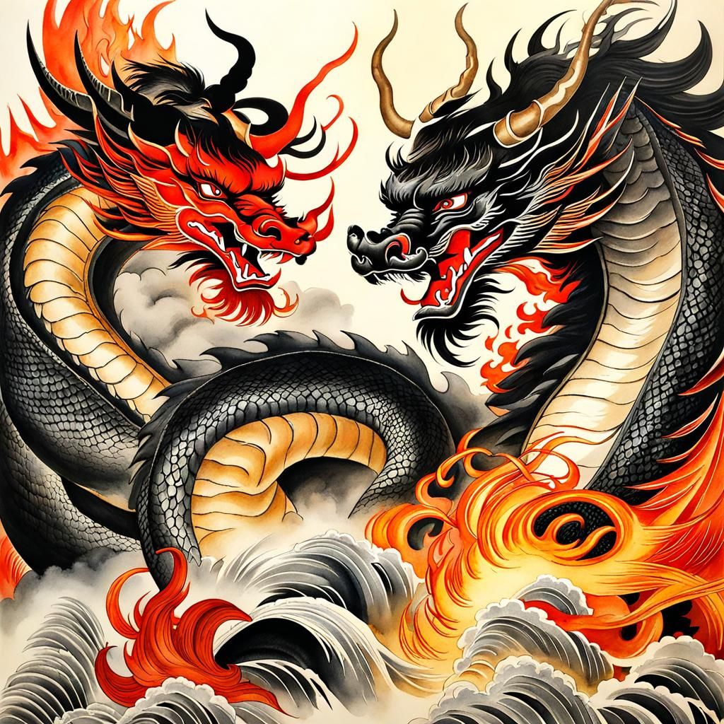 Dragon Attacks Taurus in Sumi-e Ink Style